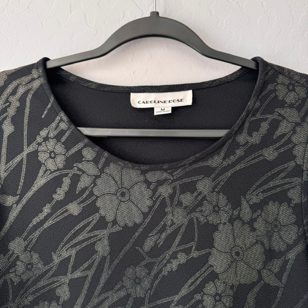 Caroline Rose Medium Tunic Top Black Gold 3/4 Sleeve Floral Jacquard A-Line - Picture 3 of 5